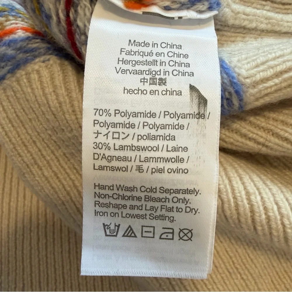 EUC J. Crew Lambs Wool Blend Fair Isle Collared Sweater Blue Orange Cream Birds